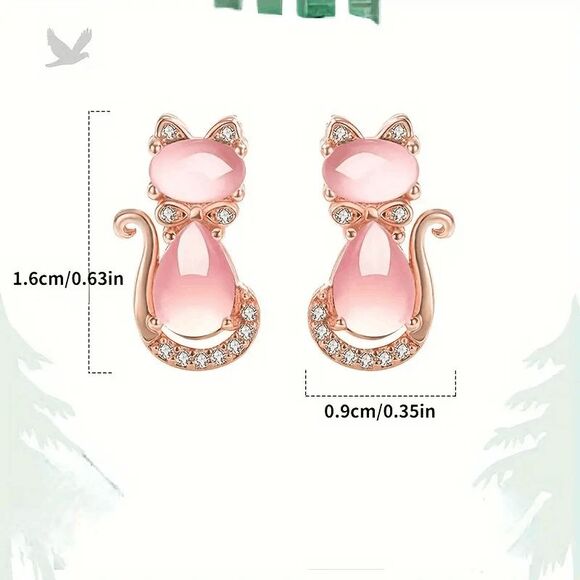 Diamond Pink Opal Cat Stud Earrings - Picture 5 of 6